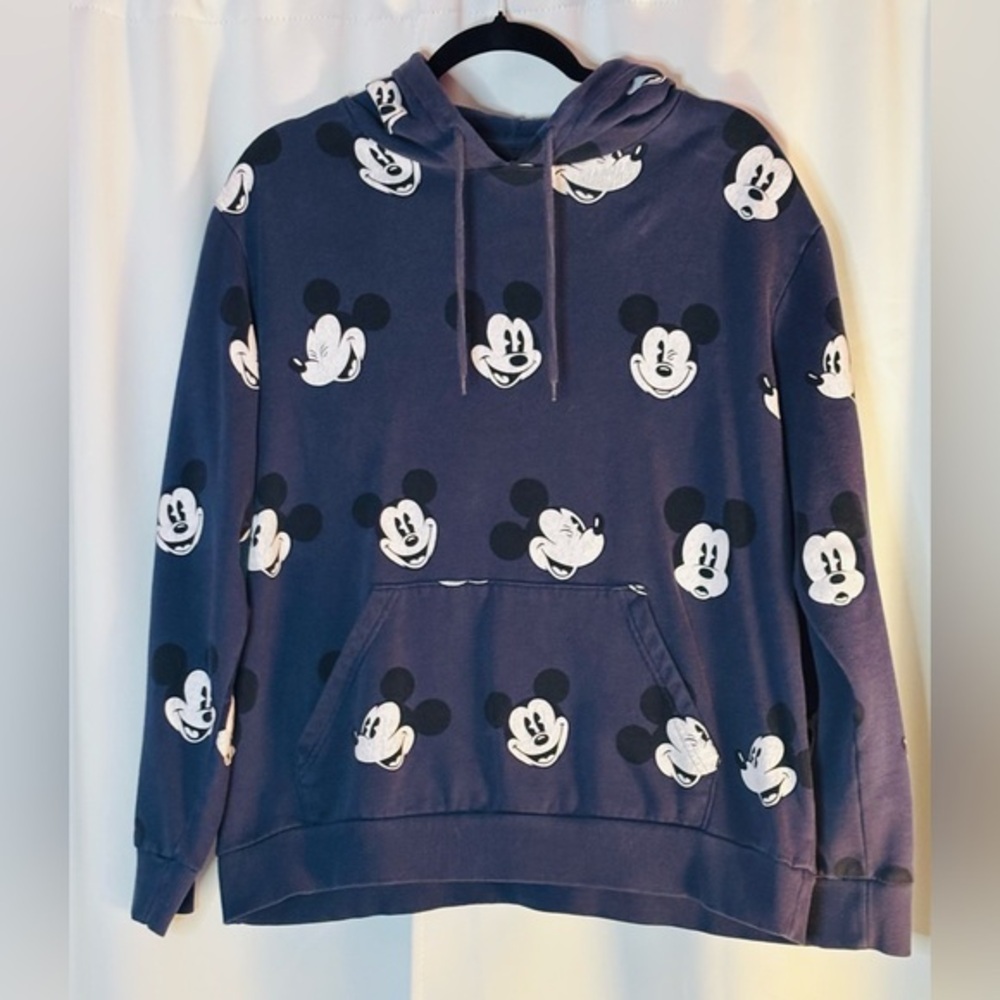 Disney Navy Mickey Mouse All Over Face Graphic Hoodie EUC front pouch Adult Sz L